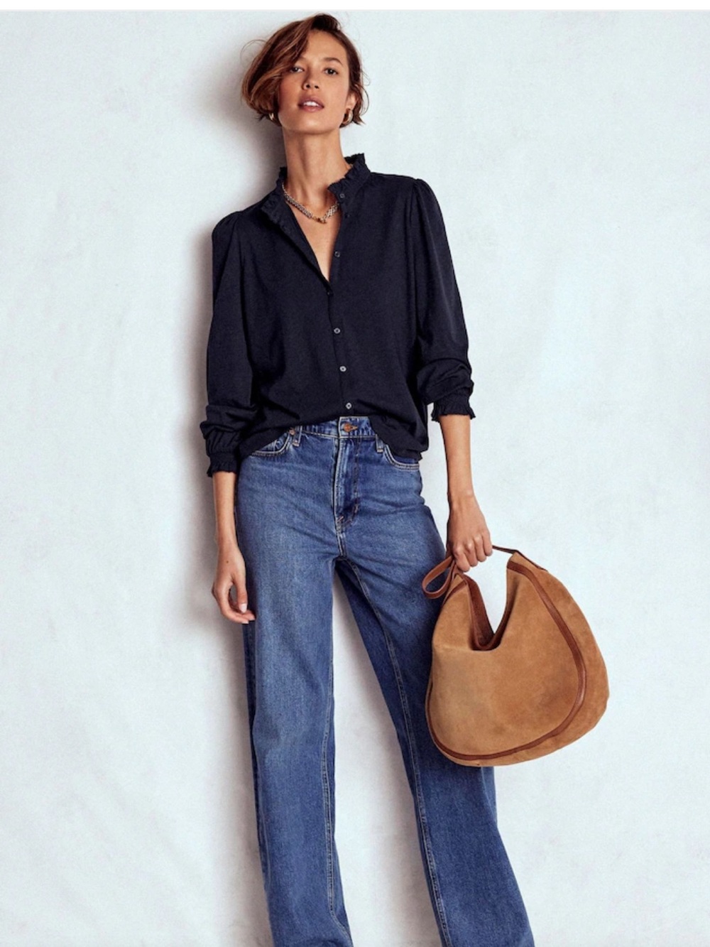 Boden Navy Ruffle Button Front Cotton TENCEL™ Blouse US 6 Classic